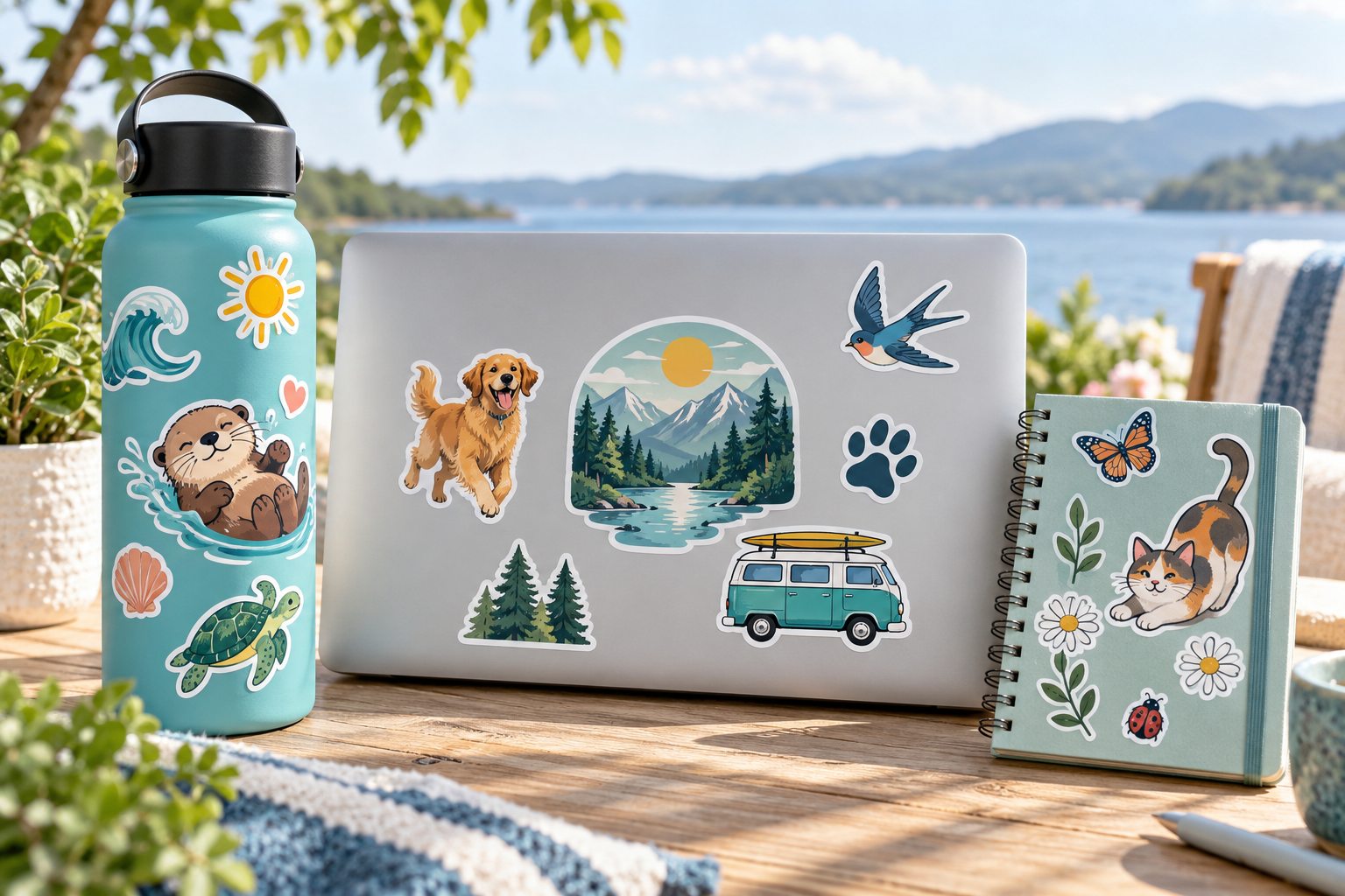 Playful stickers on a laptop, water bottle and notebook